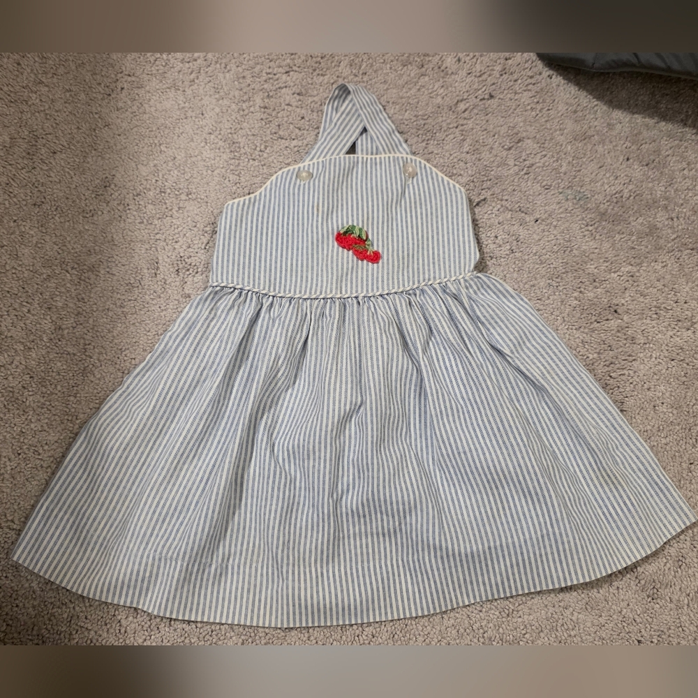 Vintage Striped Halter Dress with Embroidered Strawberry